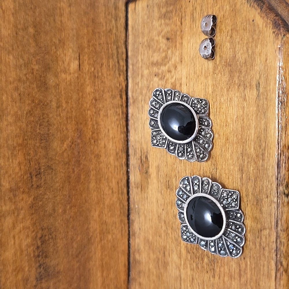Onyx Sterling Silver Marcasite Earrings